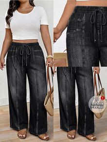 Lounesse Plus Size Women's Drawstring Waist Casual Versatile Daily Wear Long Pants Vacation Cruise Dark Wash Autumn Fall - Black - View 7