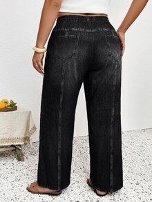 Lounesse Plus Size Women's Drawstring Waist Casual Versatile Daily Wear Long Pants Vacation Cruise Dark Wash Autumn Fall - Black - View 3