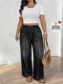 Lounesse Plus Size Women's Drawstring Waist Casual Versatile Daily Wear Long Pants Vacation Cruise Dark Wash Autumn Fall - Black - View 2