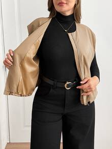SHEIN Essnce Plus-Size Women's Spring Autumn Fashion Casual Baggy Cowgirl Loose Comfortable Cream Bubble Vest Jacket Old Money Style Family Vacation Office Club - Khaki - View 3