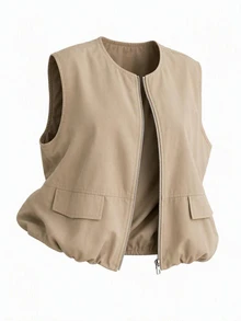 SHEIN Essnce Plus-Size Women's Spring Autumn Fashion Casual Baggy Cowgirl Loose Comfortable Cream Bubble Vest Jacket Old Money Style Family Vacation Office Club - Khaki - View 1