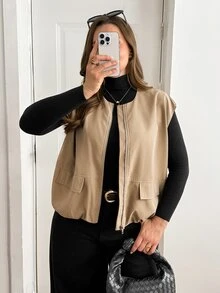 SHEIN Essnce Plus-Size Women's Spring Autumn Fashion Casual Baggy Cowgirl Loose Comfortable Cream Bubble Vest Jacket Old Money Style Family Vacation Office Club - Khaki - View 5