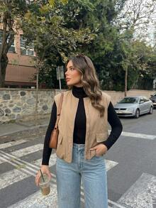 SHEIN Essnce Plus-Size Women's Spring Autumn Fashion Casual Baggy Cowgirl Loose Comfortable Cream Bubble Vest Jacket Old Money Style Family Vacation Office Club - Khaki - View 7