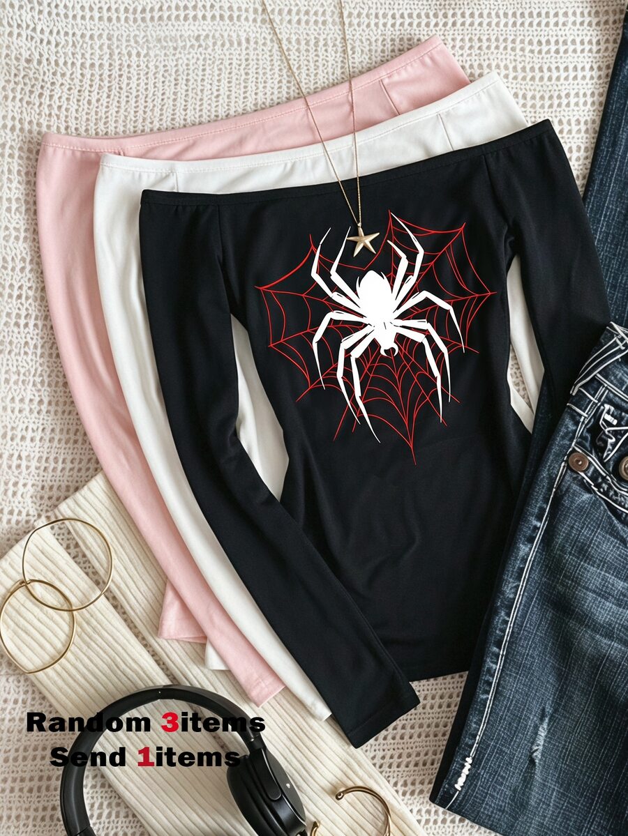 SHEIN Sparklyn Teen Girls Fall Tops Personalized Heart Spider Web With Black Spider Pattern, Vintage Black & Dark Red, Holiday Outfits - Black - View 1