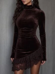 LUMIGAL Women's Velvet Fitted Bodycon Dress With Lace Hem And Asymmetrical Skirt - Chocolate Brown - View 5