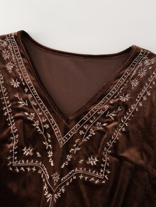 LUMIGAL 棕色與白色天鵝絨V領刺繡長袖女款上衣 度假 秋季 波希米亞風 - 咖啡棕 - 查看 3