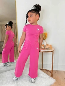 SHEIN 2pcs Young Girl Bow Print Knit Set, Casual Versatile Fashion Outfit - Hot Pink - View 3
