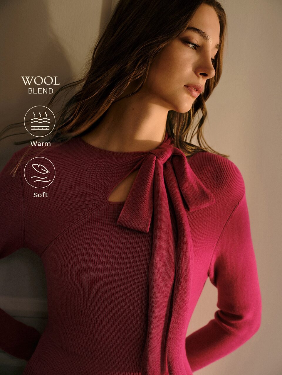 MOTF ELEGANT BOW KNIT SWEATER DRESS, LONG SLEEVE SLIM FIT DRESS