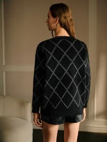 MOTF PREMIUM SEQUIN SEQUINS RHOMBUS GRID V-NECK KNIT TOP AND CARDIGAN SET - Black - View 3