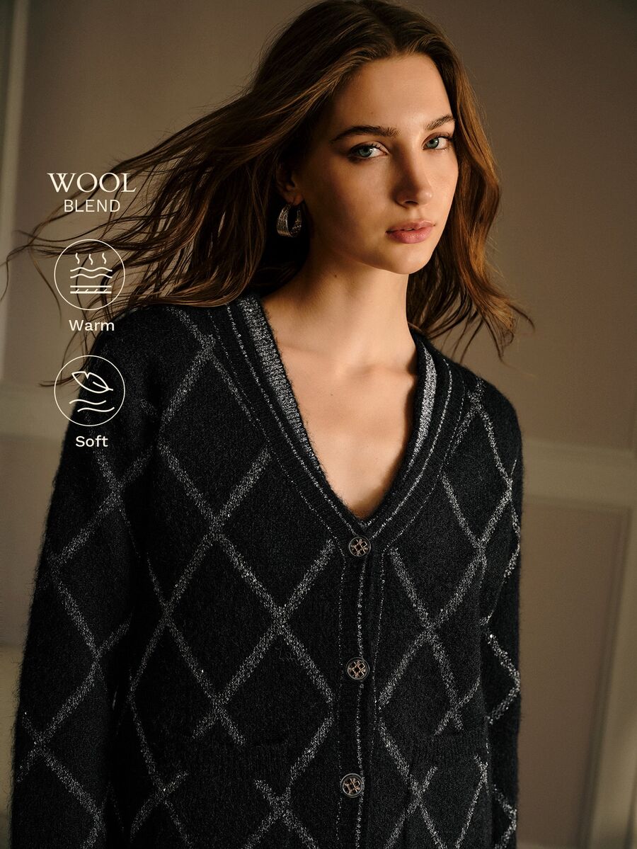 MOTF PREMIUM SEQUIN SEQUINS RHOMBUS GRID V-NECK KNIT TOP AND CARDIGAN SET - Black - View 1
