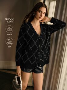 MOTF PREMIUM SEQUIN SEQUINS RHOMBUS GRID V-NECK KNIT TOP AND CARDIGAN SET - Black - View 1