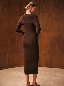 MOTF PREMIUM ELEGANT HEAVY EMBELLISHED WAIST-CINCHED 2 PIECES KNIT DRESS - Coffee Brown - View 4