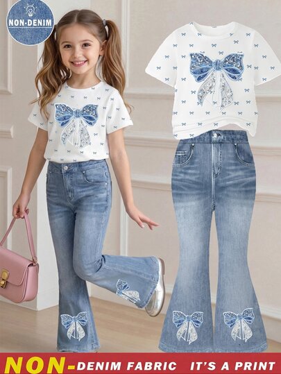 SHEIN Elladie kids 2件組女童夏季新款蝴蝶結印花圓領短袖T恤與彈性腰牛仔效果喇叭褲休閒套裝