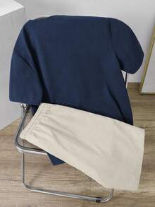 Daypath Men's Fitted Knit Navy Blue Top And Apricot Woven Shorts Set, Minimalist Embroidered Pattern - Navy Blue - View 3