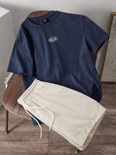 Daypath Men's Fitted Knit Navy Blue Top And Apricot Woven Shorts Set, Minimalist Embroidered Pattern