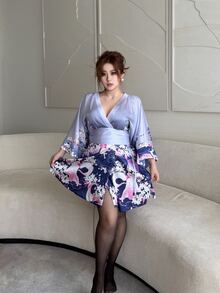 Vibekara Contrast Color Vintage Print Deep V-Neck Slit Short Sexy Dress - Multicolor - View 6