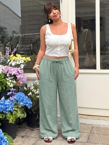 GalTyme 休閒簡約淺綠色紋理布料大尺碼女款長褲，適合秋冬季節 - 綠色 - 查看 3