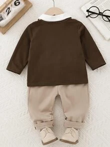 SHEIN Playful Pals 1件男嬰套裝 針織長袖 Polo 2合1 衛衣胸前印花上衣&彈性腰長褲 各種棕色調 秋冬休閒親子套裝 - 咖啡棕 - 查看 3