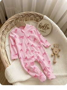 SHEIN Newborn Baby Girl Cute Knitted Pink Bow Pattern Romper Pajamas - Pink - View 4