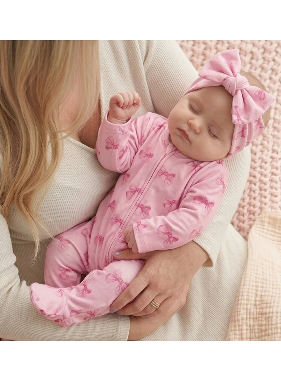 SHEIN Newborn Baby Girl Cute Knitted Pink Bow Pattern Romper Pajamas - Pink - View 1