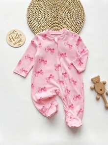 SHEIN Newborn Baby Girl Cute Knitted Pink Bow Pattern Romper Pajamas - Pink - View 3