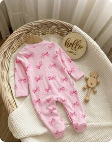 SHEIN Newborn Baby Girl Cute Knitted Pink Bow Pattern Romper Pajamas - Pink - View 5