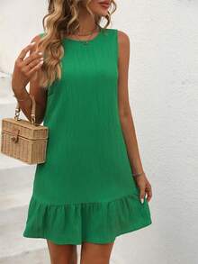 Breezaya Solid Ruffle Hem Smock Dress Vacation Beach Outfits Women - Green - View 4