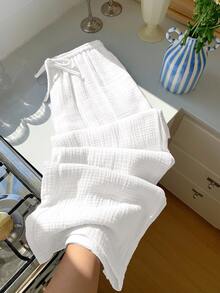 GalTyme White Plus Size Women's Comfortable Breathable Cotton Drawstring Pants Fall - White - View 9