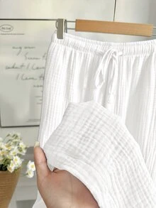 GalTyme White Plus Size Women's Comfortable Breathable Cotton Drawstring Pants Fall - White - View 11