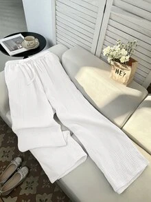 GalTyme White Plus Size Women's Comfortable Breathable Cotton Drawstring Pants Fall - White - View 7