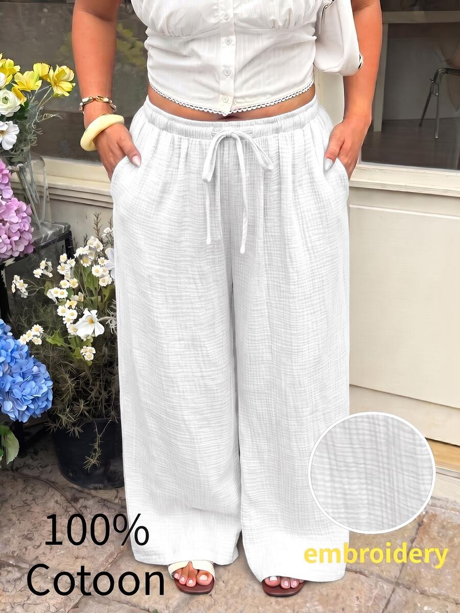 GalTyme White Plus Size Women's Comfortable Breathable Cotton Drawstring Pants Fall