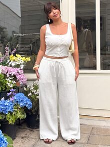 GalTyme White Plus Size Women's Comfortable Breathable Cotton Drawstring Pants Fall - White - View 4