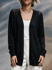 SHEIN LUNE 春/夏簡約性感風鏤空麻花針織罩衫，落肩設計、燈籠袖、中長直筒版型、羅紋下擺，層次穿搭百搭高端休閒通勤約會女款外套 - 黑色 - 查看 3