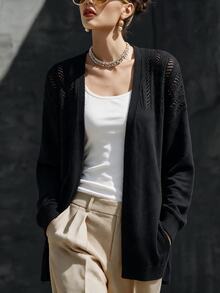 SHEIN LUNE 春/夏簡約性感風鏤空麻花針織罩衫，落肩設計、燈籠袖、中長直筒版型、羅紋下擺，層次穿搭百搭高端休閒通勤約會女款外套 - 黑色 - 查看 4