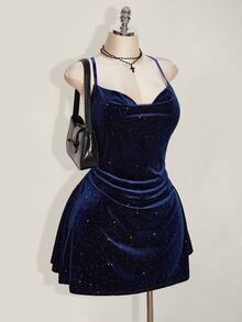 SHEIN CURVE+ Plus Size 22w Women's Draped Neck Fitted Glitter Velvet Backless Bodycon Mini Halter Dress Winter - Blue - View 4