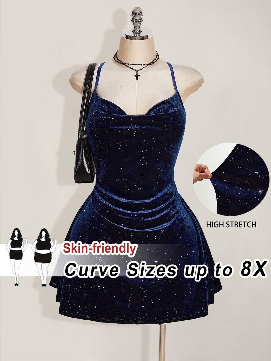 SHEIN CURVE+ Plus Size 22w Women's Draped Neck Fitted Glitter Velvet Backless Bodycon Mini Halter Dress Winter - Blue - View 1