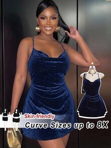 SHEIN CURVE+ Plus Size 22w Women's Draped Neck Fitted Glitter Velvet Backless Bodycon Mini Halter Dress Winter - Blue - View 10