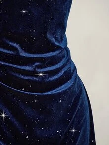 SHEIN CURVE+ Plus Size 22w Women's Draped Neck Fitted Glitter Velvet Backless Bodycon Mini Halter Dress Winter - Blue - View 8