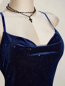 SHEIN CURVE+ Plus Size 22w Women's Draped Neck Fitted Glitter Velvet Backless Bodycon Mini Halter Dress Winter - Blue - View 6
