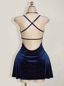 SHEIN CURVE+ Plus Size 22w Women's Draped Neck Fitted Glitter Velvet Backless Bodycon Mini Halter Dress Winter - Blue - View 2