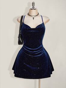 SHEIN CURVE+ Plus Size 22w Women's Draped Neck Fitted Glitter Velvet Backless Bodycon Mini Halter Dress Winter - Blue - View 9