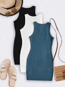 SHEIN LUNE 女士針織純色無袖圓領修身休閒連衣裙3入組 - 彩色 - 查看 2