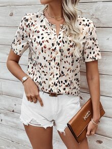 SHEIN LUNE Women Blouses Tombol Tombol Depan All Over Print Casual - Aprikot - View 4