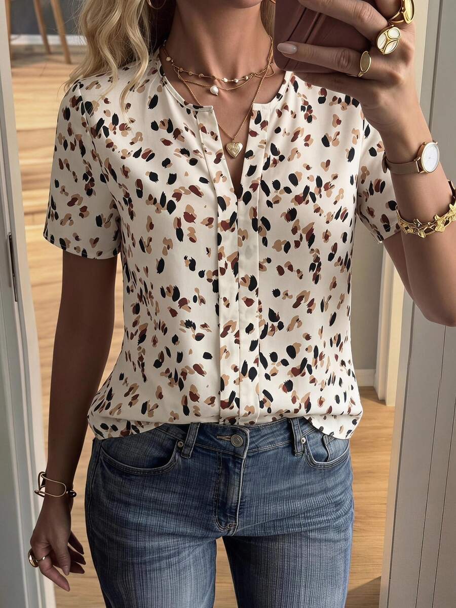 SHEIN LUNE Women Blouses Tombol Tombol Depan All Over Print Casual - Aprikot - View 1
