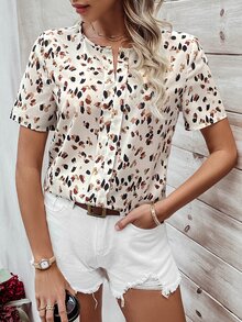SHEIN LUNE Women Blouses Tombol Tombol Depan All Over Print Casual - Aprikot - View 5