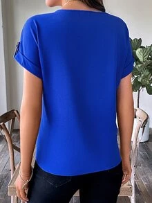 SHEIN LUNE 女士纯色圆领蝙蝠袖短袖休闲宽松衬衫 - 寶藍色 - 查看 3