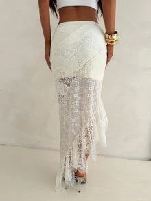 Aloruh Apricot Romantic Date Low Waist Multi-Layer Lace Patchwork Asymmetrical Hem Women's Long Skirt - Apricot - View 8