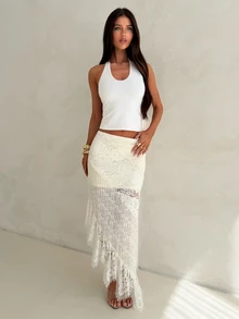 Aloruh Apricot Romantic Date Low Waist Multi-Layer Lace Patchwork Asymmetrical Hem Women's Long Skirt - Apricot - View 4
