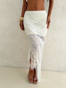 Aloruh Apricot Romantic Date Low Waist Multi-Layer Lace Patchwork Asymmetrical Hem Women's Long Skirt - Apricot - View 6