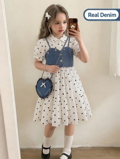 SHEIN Sparklyn Gaun Anak Perempuan Remaja Gaya Musim Gugur Terbaru, Elegan, Imut, Cocok untuk Komuter, Atasan Camisole Denim Pendek dan Gaun Kemeja Lengan Pendek Motif Polkadot dengan Tas Berbentuk Hati Gratis